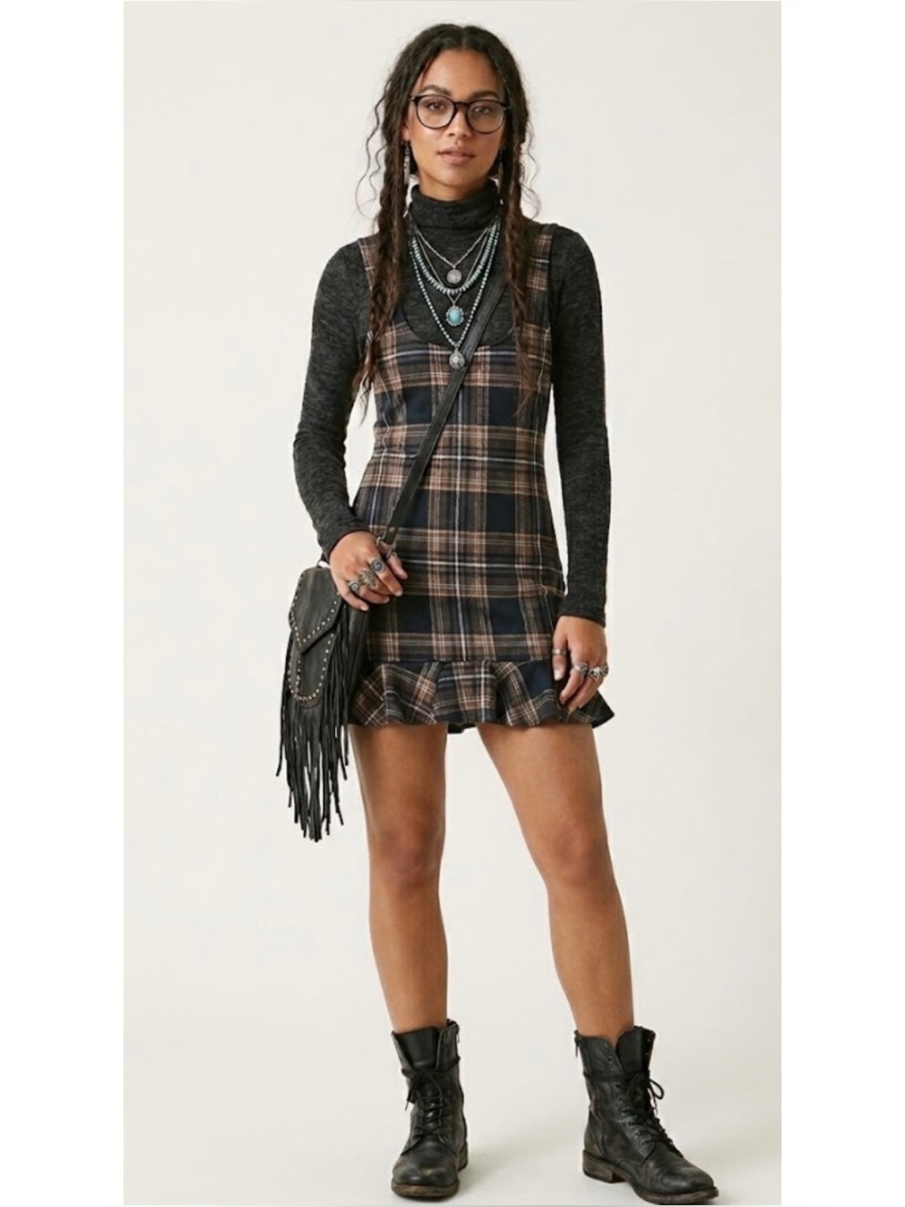 Liberty Love Plaid Pinafore Ruffle Hem Mini Underbust Dress Dark Academia